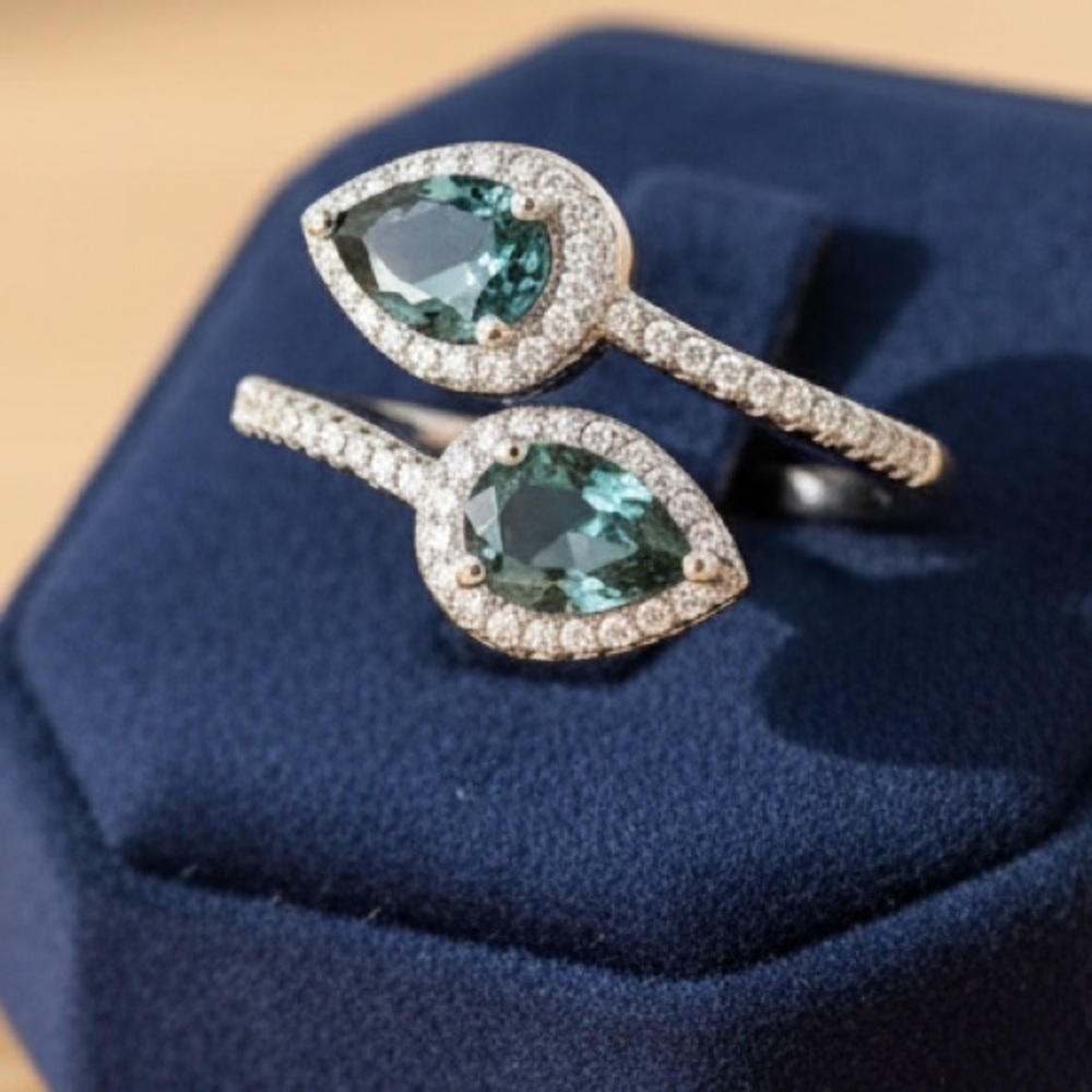 Teal Pear Halo Double-Teardrop Ring - Women's Silver Ring - Picture 2 of 9